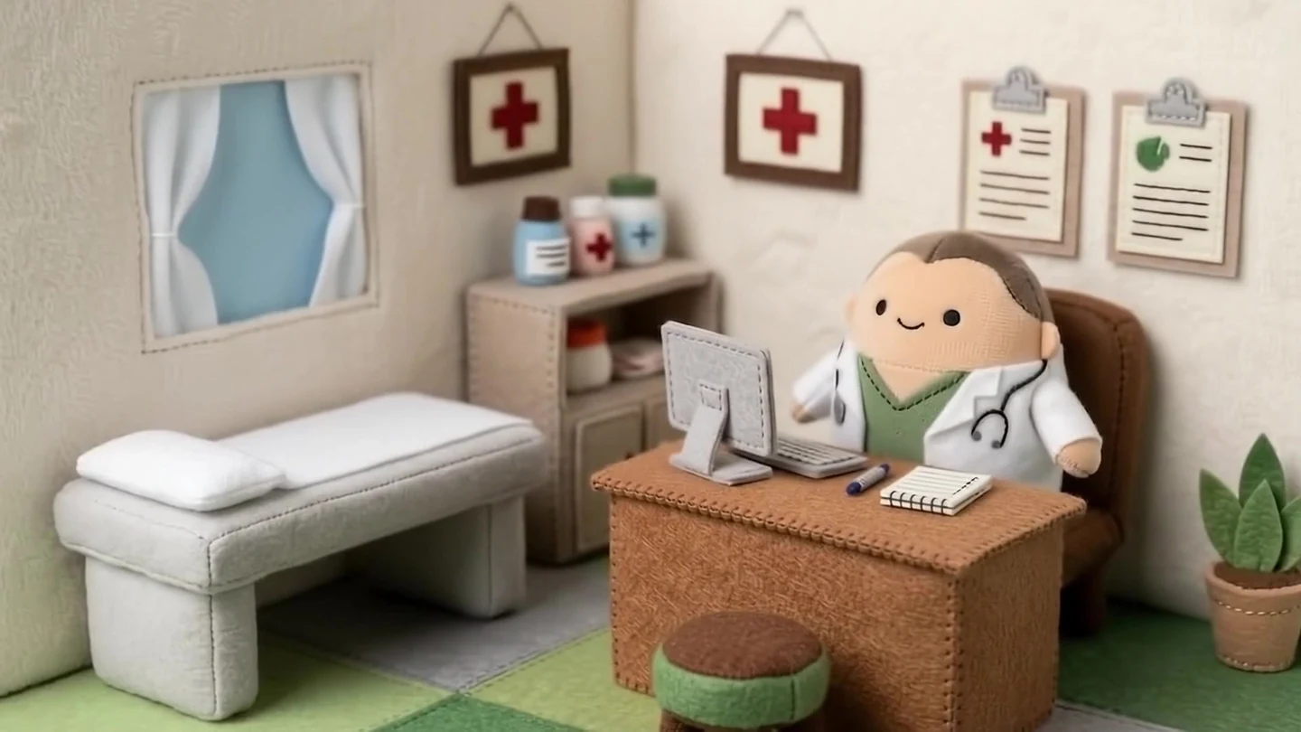 A handmade fabric clinic with a smiling doctor in a white coat