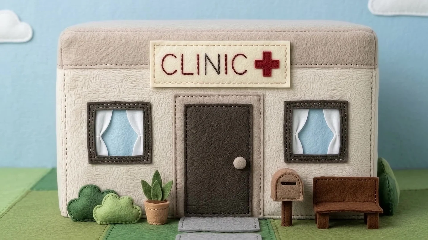 Ivory stitched clinic exterior with blue windows, green plants, and a brown bench